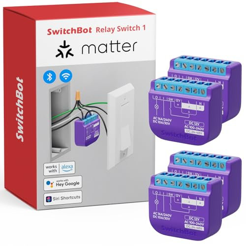 SwitchBot Matter Interruptor de Relé 1, módulo de relé inteligente, interruptor Wi-Fi y Bluetooth compatible con Alexa/Apple HomeKit/Google Home, 2.4GHz, 16A