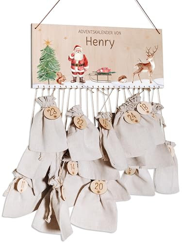Bärenfreunde® - Personalisierter Adventskalender zum selber befüllen - mit kinderfreundlichem Druck auf Holz - mit Juteschnur Jutesäckchen und Holzzahlen (Weihnachtsmann im Wald)