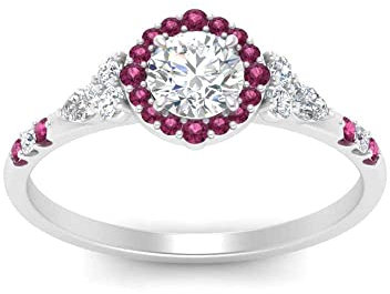 CaratYogi Bague de fiançailles Halo Edwardian Argent Sterling Saphir Rose créé Rond façonner Petites bagues de fiançailles réglage des Broches Taille 49 Cadeau