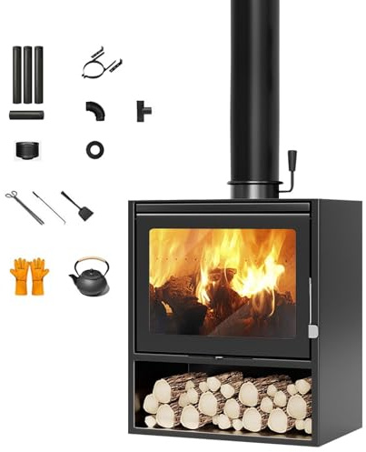 Vintage Freistehender Kaminofen Glasansicht Holzofen Echter Kamin Kaminofen Heizung mit Holzspeicher Indoor Retro Heizung Flamme Kamin Ofen Schwarz (L)