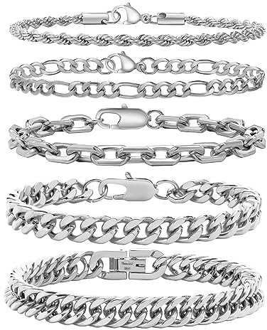 Armband Herren Silber Edelstahl 5 Stücke - Herrenarmbänder Panzerkette Figaro Gliederarmband Herren Armband Set für Jungs Männer Geschenk für Papa Sohn Bruder Ehemann 19/21/23 cm (Silber, 21 cm)