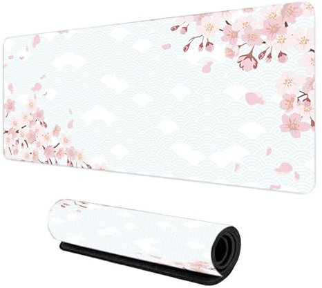 Gaming Mouse Pad 800x300mm Large Gaming Mouse Mat with Stitched Edges, Japanese Cherry Blossom Keyboard Desk Pad, Comfortable Mousepad with Non-Slip Rubber Base (White)