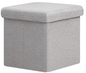 PINPLUS Pouf Cube de Rangement Pliable en Tissu Bouclé, Tabouret Rembourré, Repose-Pieds et Coffre pour Salon, Chambre et Couloir, 38x38x38cm, Gris