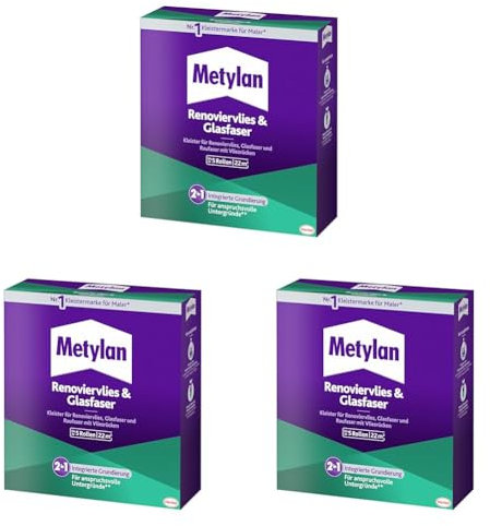 Metylan Renoviervlies & Glasfaser, Tapetenkleister & Grundierung für Renoviervlies, Glasfaser- & Raufasertapete mit Vliesrücken, Kleister für Feuchträume, 1x500g (Packung mit 3)