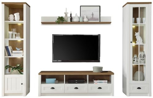 Furn.Design Wohnwand in weiß Pinie und Eiche hell, Landhaus Wohnkombination 4-teilig 300 x 198 cm, Seyne