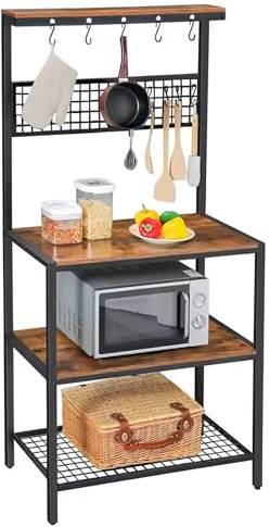 Bäckerregal, freistehendes Regal mit 4 Ebenen, mit Haken und Netzboden, ideal für Mikrowelle, Töpfe, Pfannen und Gewürze, 84 x 40 x 170 cm