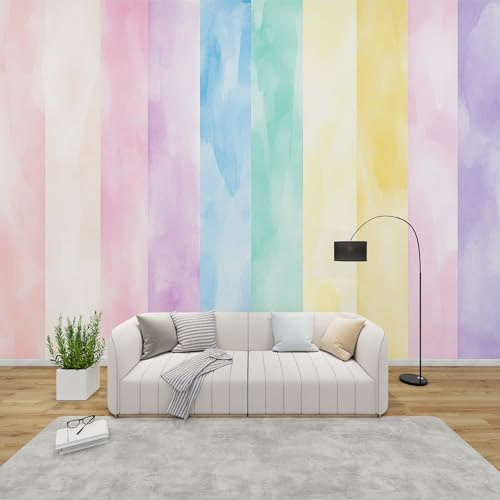 QEODAH Ombre Wallpaper for Living Room, Rainbow Gradient Wall Art for Bedroom, Girls Pastel Stripe Wall Mural, Renter Friendly Removable Waterproof Non-Woven Photo Wallpaper 3D, 350x256 cm