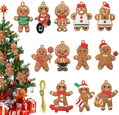 PacuM 12 Piezas Decoración Galletas Navidad Hombre Jengibre Set con Cordón | Adornos Navideños Arbol Muñeco de Jengibre PVC Adornos Navidad Dibujos Animados para Árbol Ventana Repisa