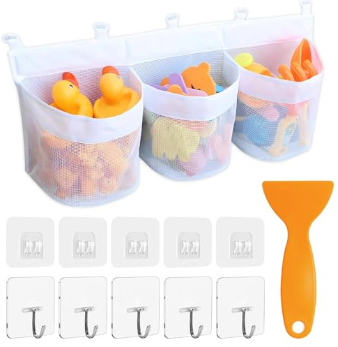 Bath Toy Storage, Bathroom Toy Storage Bags with 3 Compartment Openings | Hanging Bath Toy Net with 10PCS Strong Self Adhesive Hooks & 1PC Small Cleaning Scraper