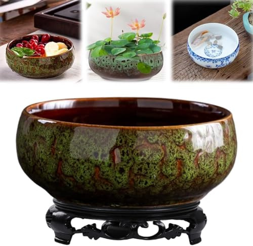 Lotus Bowl Planter for Water Planting – Ceramic Shallow Bonsai Planter with Drainage Hole, Hydroponic Indoor Plant Pot for Lotus Seeds, Succulents, Home & Zen Garden Decor (Blue) (d)
