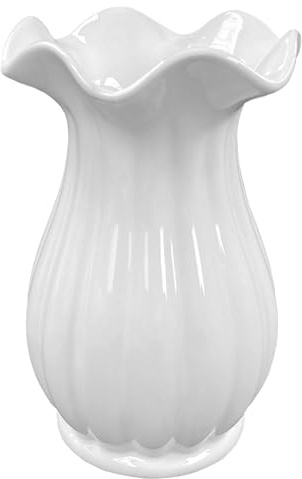 White Ceramic Vase 20cm Cylinder Fluted Style Wedding Table Piece Centrepiece Flower Arranging Home Decor Shiny Gloss Glaze Ornament (White Fluted(S))