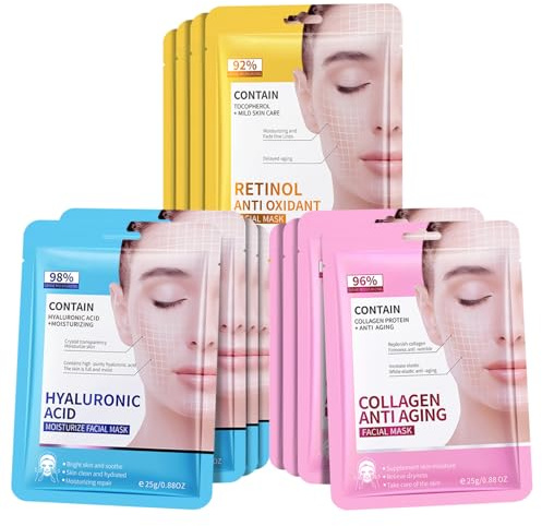 12 Pack Sheet Face Masks Skincare, Collagen Face Mask, Hyaluronic acid Face Mask, Hydrating Face Sheet Masks, Beauty Face Masks Pamper Gifts for Women, Moisturizing, Anti-Aging, Brightening