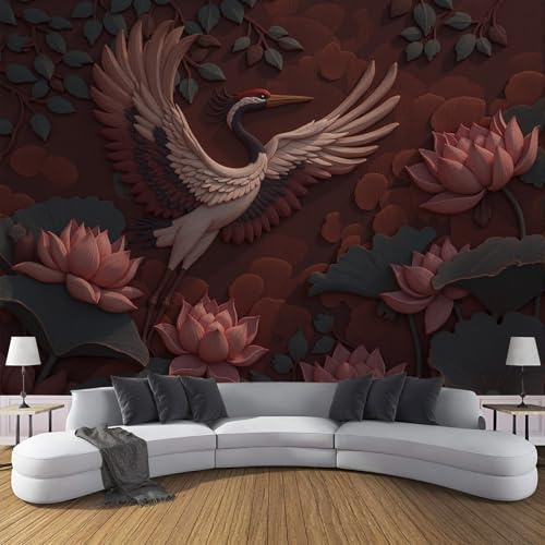 JSCWDET Traditional Oriental Art Style Wall Decals Elegant Crane Lotus Patterns Wall Stickers Bedroom Living Room Sofa TV Background Walls Decor,Red,250×175 cm