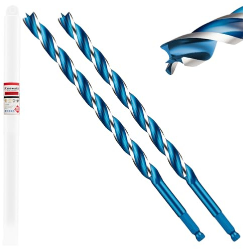 Keewaki 2 Pack 12mm x 300mm 3-Flute Auger Drill Bit for Wood – Extra Long Wood Drill Bits with Hex Shank, Heavy Duty Spiral Bit for Fast & Clean Deep Hole Drilling in Timber