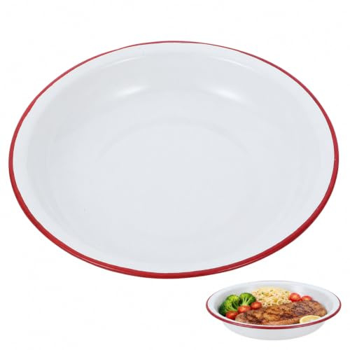 SUPVOX Enamel Deep Plate, 18cm Vintage Red Rim Dinner Bowl | Enamel deep plate with vintage red rim design, suitable for soup, salad, fruit, desserts and daily dining
