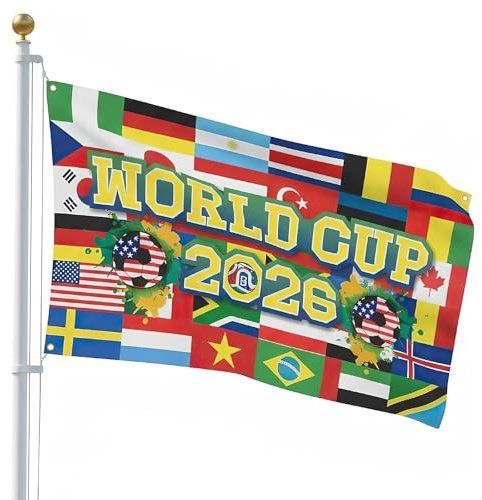 WM 2026 Fußball Flagge, Fußball Weltflagge Banner Deko, Bunt Flagge aus Strapazierfähigem Polyester, WM 2026 Fahne für Fan-Party, Garten, Haus, Bar, Foto-Hintergrund Dekoration