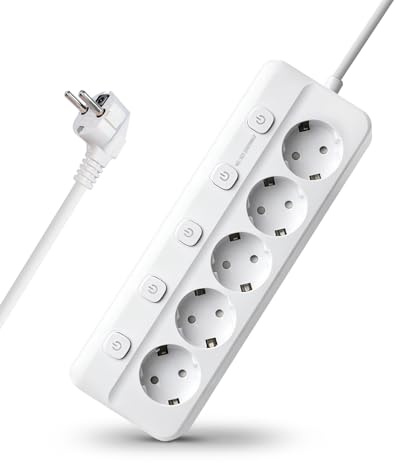 5-Fach Steckdosenleiste einzeln schaltbar,2M Kabel Mehrfachsteckdose mit Kindersicherung,2500W Stromverteiler für Home Office,Küche & Schreibtisch,Weiß