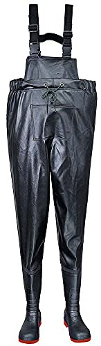 Portwest FW74 Steel PVC Chest Wader Waterproof Slip Oil Water Resistant | Black, 6.5, S5 EN ISO 20345, CE Certified, Anti-Static Footwear, Adjustable Waist and Straps, Colour Coded Red Outsole