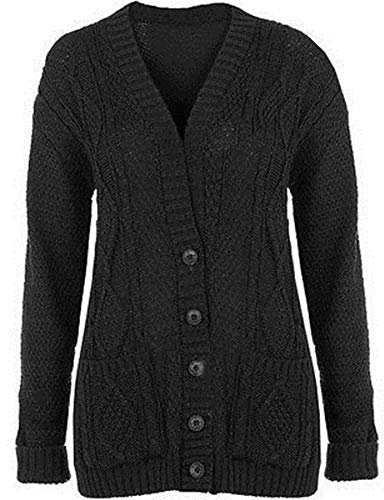 Purple Hanger New Womens Everyday Long Sleeve Button Top Ladies Chunky Aran Cable Knit Grandad Cardigan (8-10 SM, Black)