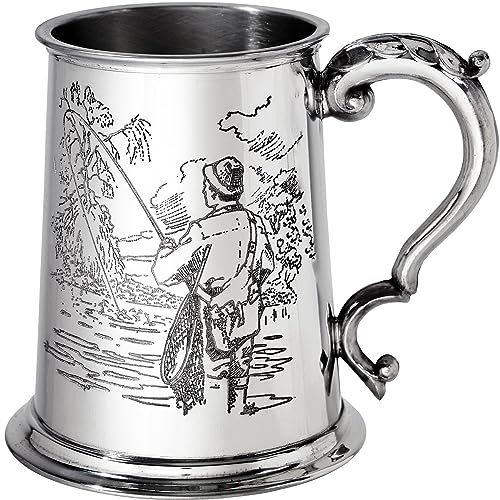 I LUV LTD Étain Chope 1 Pinte Scènes de Pêche Des Deux Côtés et Poignée Antique Pur Lourd Jauge Bière Chope Parfait pour Gravé Cadeaux Personnalisés pour Hommes et Femmes