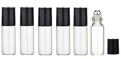 Mini-Flaschen zum Aufrollen, leer, klares Glas, für ätherische Öle, mit Edelstahl-Roller-Kugeln und schwarzer Kappe, für Reisen, Proben, Make-up, Kosmetik, Lippenbalsam, 6 Stück