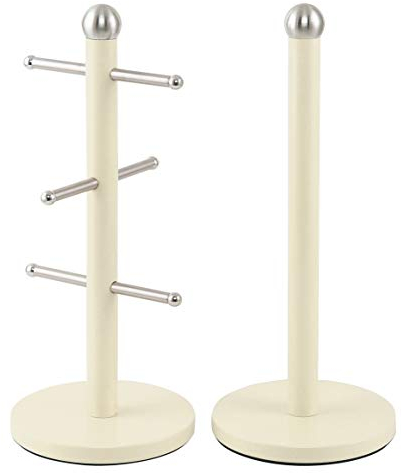 SQ Professional Dainty 6 Mug Tree & Kitchen Roll Holder | Mug Tree and Roll Holder Set, Kitchen Storage Rack (Chantilly)