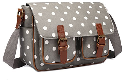 KONO Umhängetasche Groß Messenger Bag Wachstuch Schultertasche Schulranzen für Jungen und Mädchen Damen Tupfen Lässige Reise Tasche Handtasche für Schule (Grau)