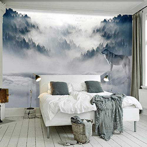 Tapisserie Murales Papier Peint Neige Loup des Animaux Montagne Forêt: Trompe L Oeil | Déco Mural Tableaux Muraux Photo Mural Rustique Vintage Chambre Corridor Wallpaper-350x256cm