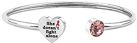 BNQL Bracelet de sensibilisation au cancer du sein avec ruban rose « She Doesn't Fight Alone », L, Acier inoxydable