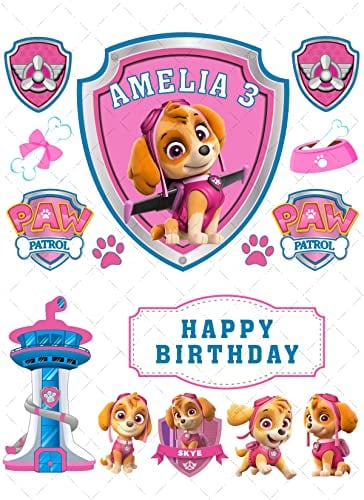 Dog Squad Skye Edible Personalised Icing Cake Topper Decorating Kit/Matching Cupcake Toppers- Happy Birthday