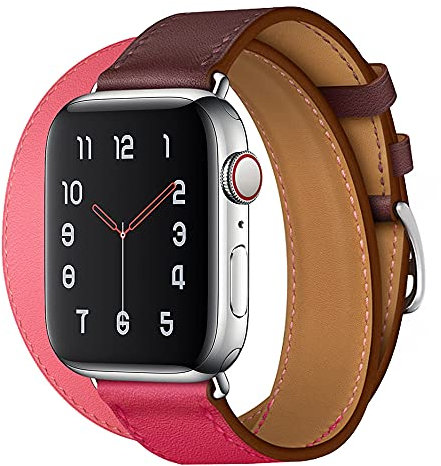 Aergood Cuir Bande,Compatible avec Apple Watch Bracelets 38/40/41mm 42/44/45mm, Double Tour Bracelet de pour iwatch Series 7 6 5 4 3 2 1 SE(38/40/41mm,Rose Rouge/Vin)