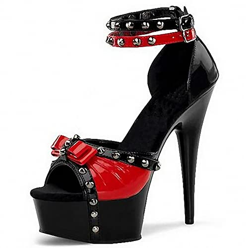 HYDgfiuf Damen Nieten Knöchelriemen Sandalen Kleid Pumps, Stiletto High Heels, Sexy Stripper Performance Pole Dance Schuhe Hochzeitsfeier Ballschuhe,Rot,40