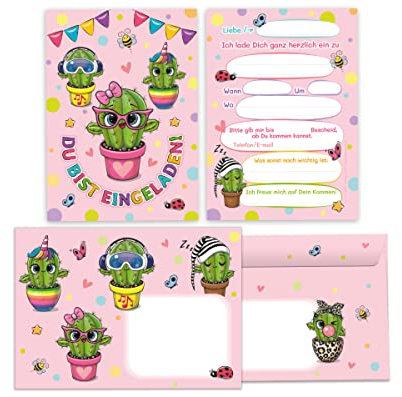 Junapack 12 Einladungskarten incl. 12 Umschläge zum Kindergeburtstag Mädchen Kaktus