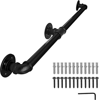 FSHIHINE Stair Handrail, 2.3m Wall Mount Grab Bar Railing Support Kit, Handrails for Stairs, Indoor & Outdoor, Heavy Duty Balustrades Staircase for Outside Steps Industrial Galvanized Black Metal Pipe