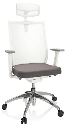 hjh OFFICE 657632 Bürostuhl ergonomisch Aspen White PRO Schreibtischstuhl mit Verstellbarer Kopfstütze, Netzrücken, Stoff Grau/Weiß