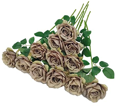 ATFL Bouquet di rose grigie, diametro 10,2 cm, 12 fiori artificiali in finta seta con steli, per composizioni nuziali, centrotavola, feste, casa, decorazioni per la tavola, fiori artificiali (grigio)