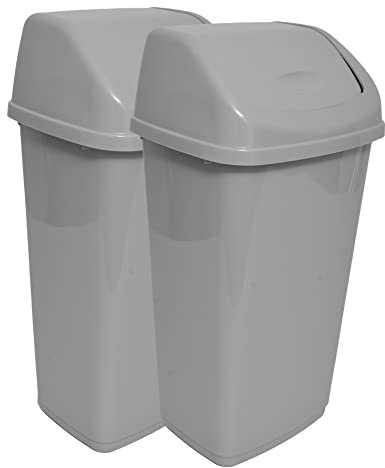 KAPCO Small Plastic Swing Top Bin (10L, Grey, 2 Pack) Durable Easy Clean Waste Recycling Dustbin for Home, Office, Kitchen & Bathroom | Refused Trash Box with Swing Lid | Under Counter Recycle Bin