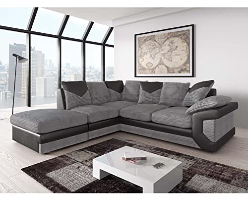 Furnishings For Less UK New Large Dino 4 to 5 Seater Corner Sofa Cord Black and Grey or Brown and Beige Left or Right Hand With FREE FOOTSTOOL (Black and Grey, Left Hand Facing)