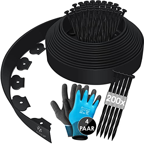 KESSER® Flexible Rasenkante aus Kunststoff Länge 40m Höhe 5cm, mit 260 Erdanker + 4 Paar Handschuhe Beeteinfassung Beetumrandung Beetbegrenzung Mähkante Pflastersteine Palisade - Schwarz