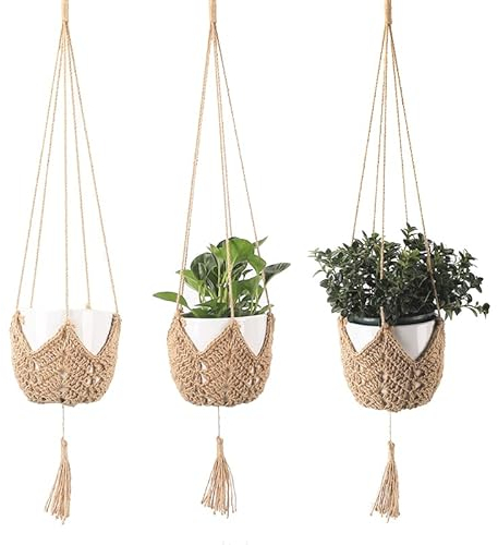 BetterJonny 3 Packungen Handarbeits-Pflanzenaufhänger, 101,6 cm, hängender Pflanzgefäß, Blumentopfhalter, Ständer, Gartenarbeit, Weben, Blumentopf, Netztasche, Hanfseil, zum Aufhängen für drinnen und