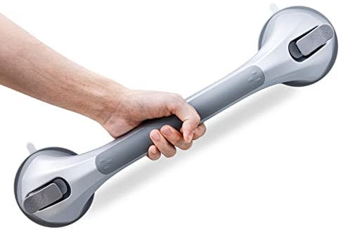 LEVERLOC Dusche Haltegriffe, 43 CM Duschgriff für Badewanne, MAX Halt 110 KG Haltegriff für Senioren, Dusche Griffstangen für ältere Menschen, Wasserdicht, kein Bohren & abnehmbarer Handlauf, Silber