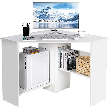 COSTWAY Corner Computer Desk, Triangle Study Desk Writing Workstation with Open Shelves and Cable Management Holes, Space-Saving Wooden Gaming PC Laptop Table for Home Office Bedroom (White)