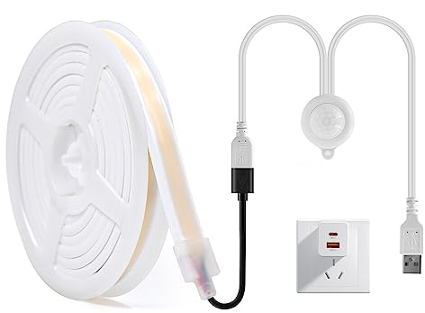 HEGEHE COB Neon LED Streifen mit Bewegungsmelder, 5V COB LED Strip Superhell Hohe Dichte, 320LEDs/M, LED Sensor Licht Diffusion Flex LED Schlauch für DIY Innenbeleuchtung Projekte (Warmweiß, 0.5M)