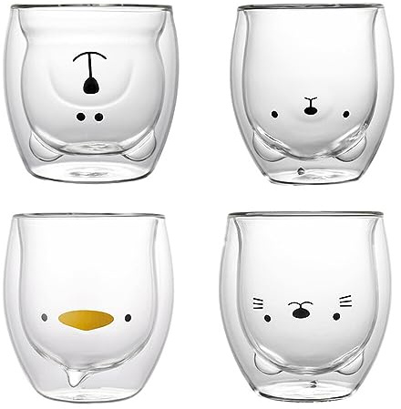 HRKVSK Double-Walled Glasses Bear Cup Cute Tea Glasses 250 ml, Set of 4 Double-Walled Coffee Glasses Insulated Glass Espresso Cup Mug Birthday Gift Children's Cup as Gift Set (Four Animal Motif)