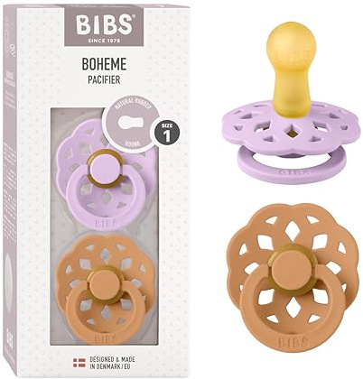 BIBS Boheme Soother 2-Pack. BPA Free Dummy Pacifier, Round Nipple. Natural Rubber Latex, Made in Denmark, Size 1 (0-6 Months), Violet Sky/Pumpkin
