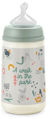 Suavinex Biberón 270 ml Con Tetina Anatómica de Silicona, Válvula Anticólico, Flujo Medio (M) Para Bebés 0-6 Meses, Walk Verde