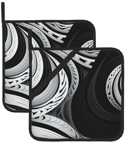 Confezione da 2 presine da cucina resistenti al calore, con tasca per forno, motivo bianco e nero, lavabili, per cottura al forno, padelle, sottopentola, 20,3 x 20,3 cm