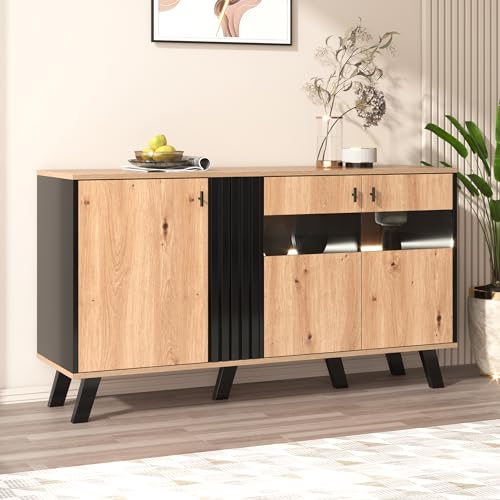 Merax Sideboard mit LED-Licht, Modernen Kommode mit 3 Türen und Glas, TV-Tisch mit viel Stauraum, für Wohnzimmer, Esszimmer & Schlafzimmer, 140x41x78,5cm, Holzfarbe