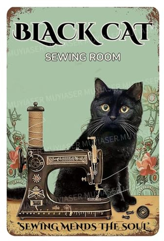MUYIASER Metallschilder Schwarze Katze Nähzimmer Vintage Schilder Retro Aluminium Blechschild für Toilette Waschraum Garten Home Bar Cafe Dekor 20,3 x 30,5 cm