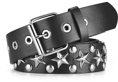 GIMIRO Punk Gürtel Damen Gürtel für Jeans, Bund für Mantel, Hohlnietengürtel,Doppelreihe von Sternlöchern,Stabile quadratische Schnalle mit 2 Pins (Black - Big Star Between Dots Revet)